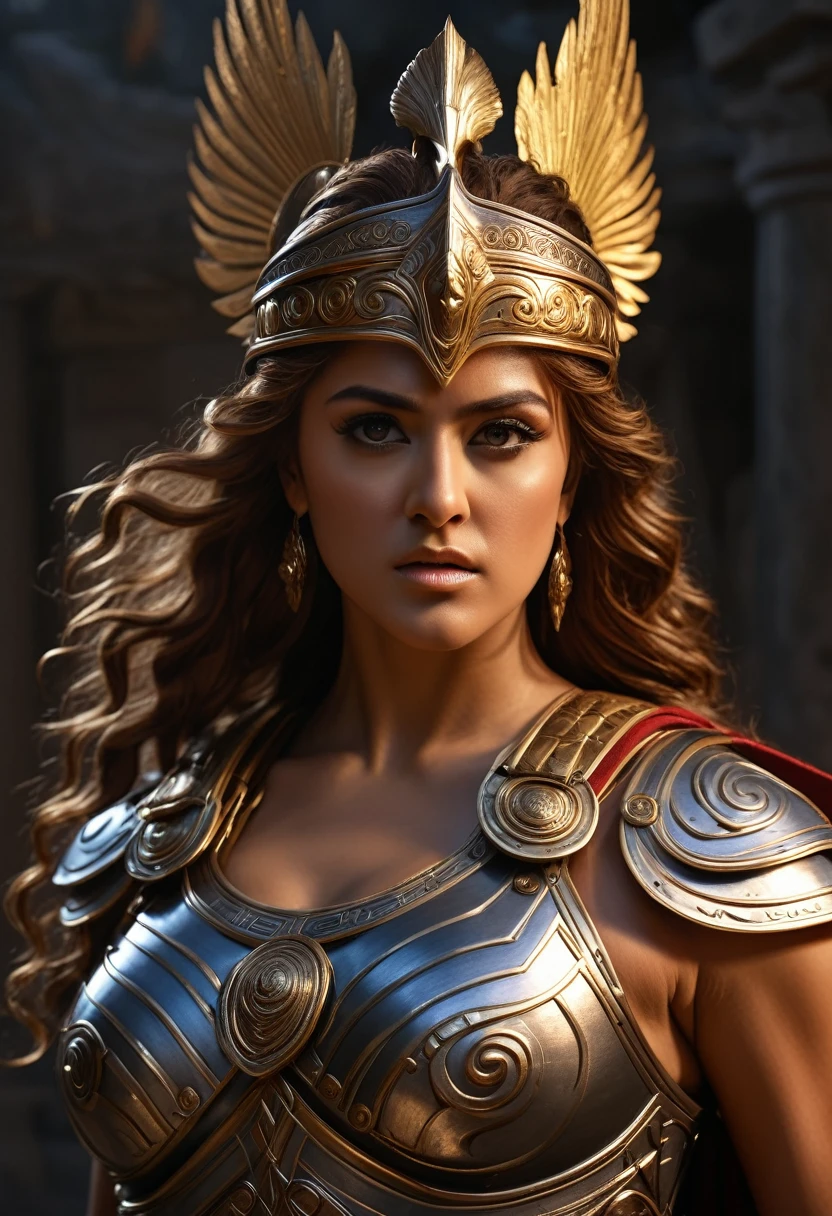 looks like nayanthara, (a beautiful greek goddess athena,goddess of wisdom and war), intricate detailed face, intense eyes, flowing hair, elegant greek armor, detailed muscular physique, (photorealistic,ultra-detailed,8k,best quality,masterpiece:1.2),dramatic lighting,cinematic composition,chiaroscuro lighting,dramatic shadows,vibrant colors,epic fantasy art