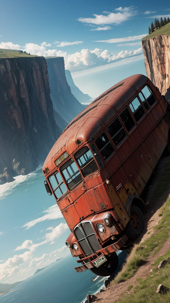 make a very real picture of a rusted long bus being stuck on a very high cliff, scary scenery, hyper-realistic, 16k