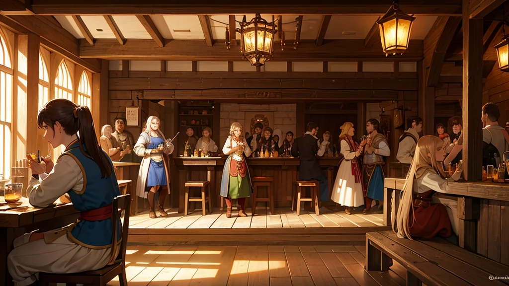 "A bustling medieval tavern filled with patrons. The room is lively, with wooden tables and benches occupied by people in medieval attire, drinking ale, laughing, and talking animatedly. A bard is playing a lute in the corner, providing cheerful music. The tavern is dimly lit by lanterns and a large fireplace, casting a warm glow over the scene. The walls are adorned with hunting trophies, shields, and rustic decorations. Serving wenches move through the crowd, carrying trays of drinks and food. The atmosphere is lively and festive, with a mix of different characters, including knights, peasants, and merchants, all enjoying the evening."