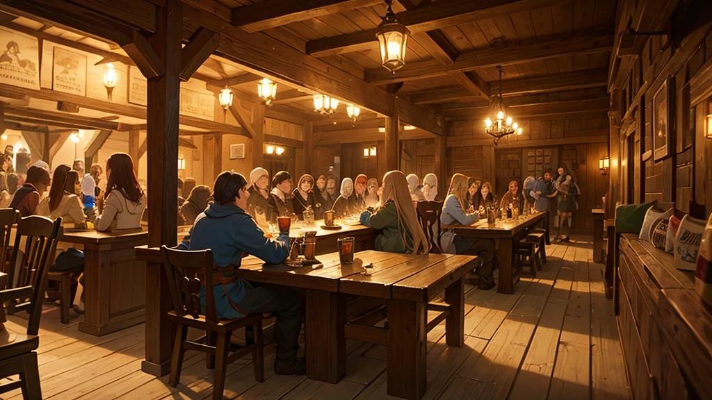 "A bustling medieval tavern filled with patrons. The room is lively, with wooden tables and benches occupied by people in medieval attire, drinking ale, laughing, and talking animatedly. A bard is playing a lute in the corner, providing cheerful music. The tavern is dimly lit by lanterns and a large fireplace, casting a warm glow over the scene. The walls are adorned with hunting trophies, shields, and rustic decorations. Serving wenches move through the crowd, carrying trays of drinks and food. The atmosphere is lively and festive, with a mix of different characters, including knights, peasants, and merchants, all enjoying the evening."
