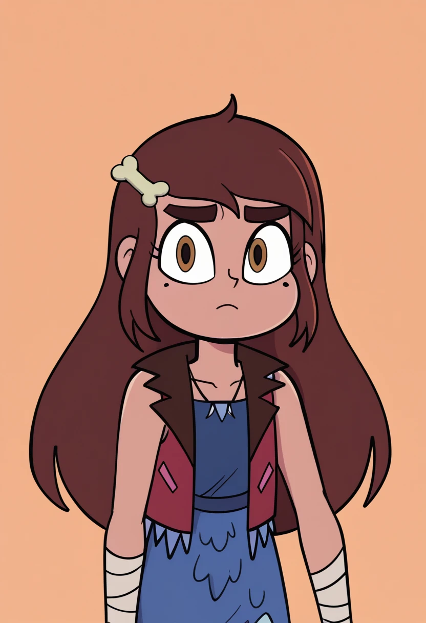 score_9, score_8_up, score_7_up, score_6_up, score_5_up, 1girl, mariposa diaz, vest, blue dress, bandages, brown hair, long hair, brown eyes, bone hair ornament, close-up,
orange background,
