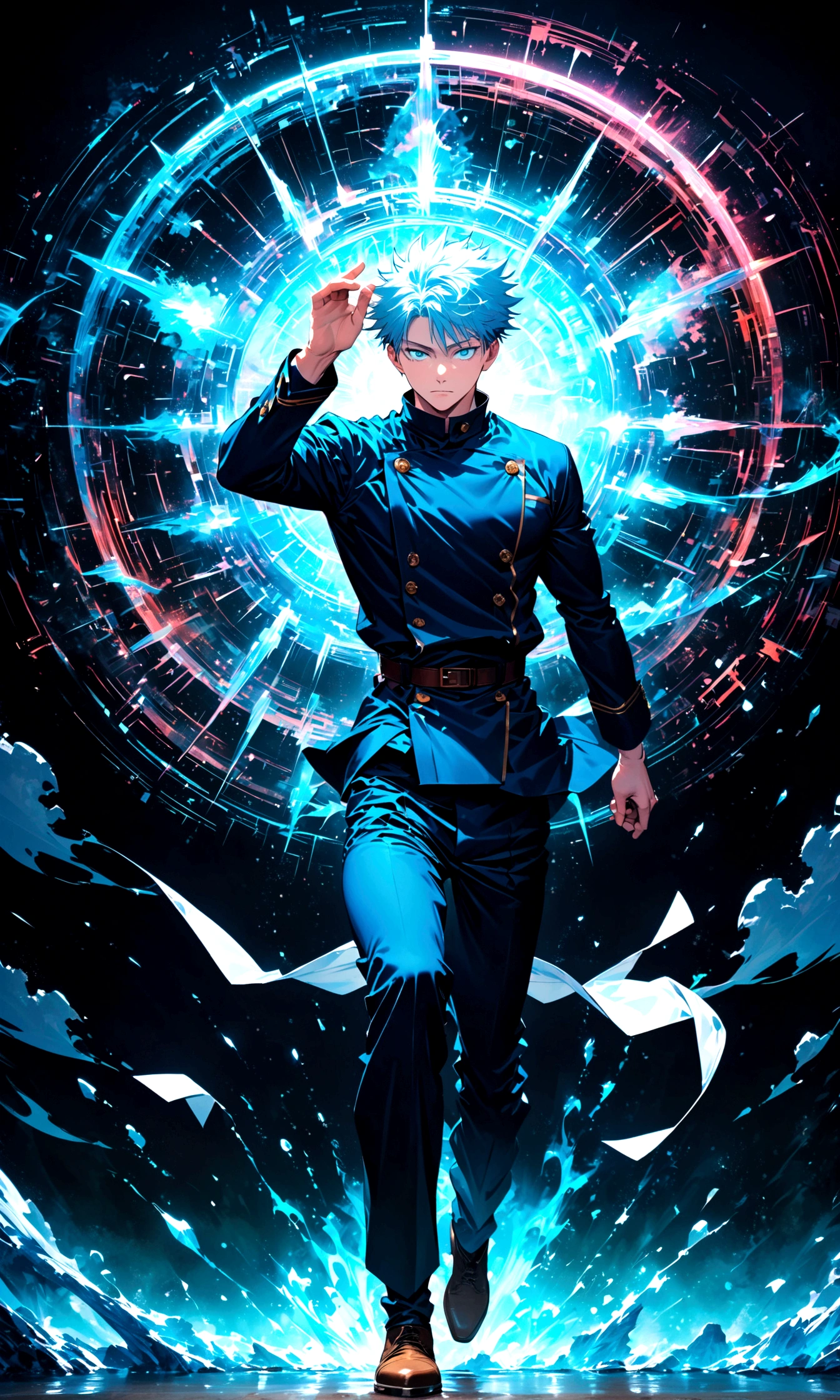 1 man,gojo satoru,jujutsu kaisen,gojo satoru uniform,Intricate details,Use blue and white as main colors,Calm demeanor,Cool efficiency,artwork,rendering,Composed Pose,(masterpiece:1.3),(highest quality:1.4),(ultra detailed:1.5),High resolution,extremely detailed,unity 8k wallpaper,Ethereal energy,Subtle brush strokes,Glacial aura,Professional demeanor,Serene expression
