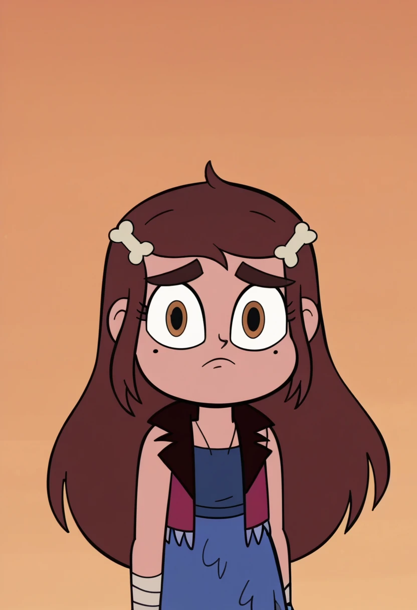 score_9, score_8_up, score_7_up, score_6_up, score_5_up, 1girl, mariposa diaz, vest, blue dress, bandages, brown hair, long hair, brown eyes, bone hair ornament,
orange background, svtfoe style,