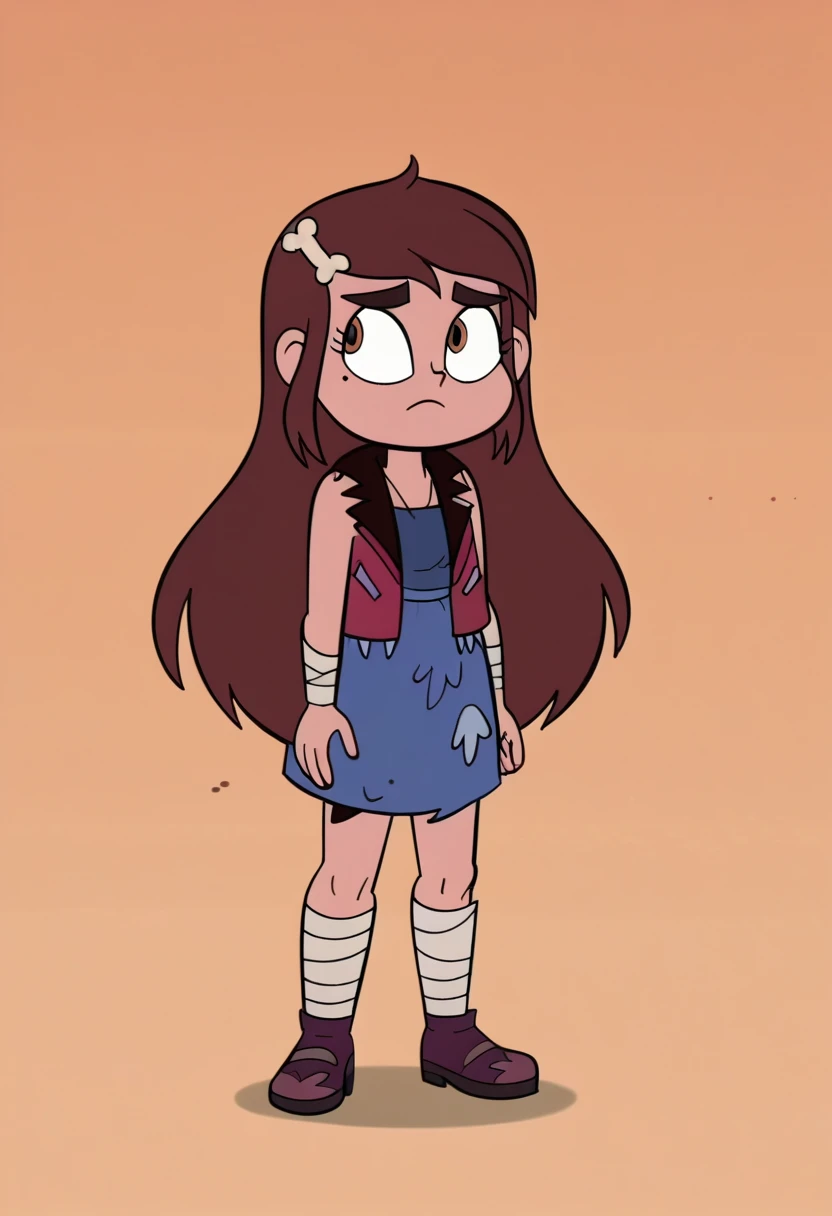 score_9, score_8_up, score_7_up, score_6_up, score_5_up, 1girl, mariposa diaz, vest, blue dress, bandages, brown hair, long hair, brown eyes, bone hair ornament,
orange background, svtfoe style,