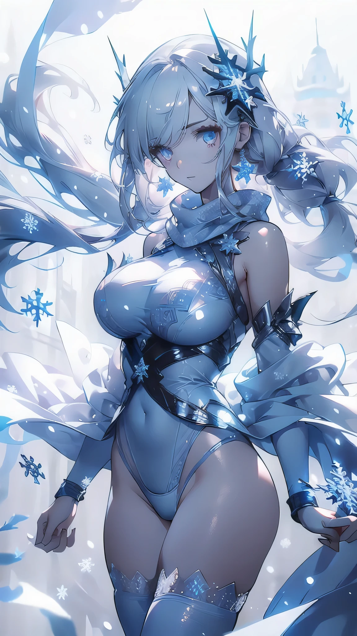 ((masterpiece, best quality)), Epic battlefield atmosphere,Delicate face,Snow Woman,winter,Snow Mountain,whole body,Standing picture,glowing white eyes,Large Breasts,Perfect body proportions,Pure white background,firefly,Snow,snowflake,Edelweiss,Lace,Transparent sex bikini