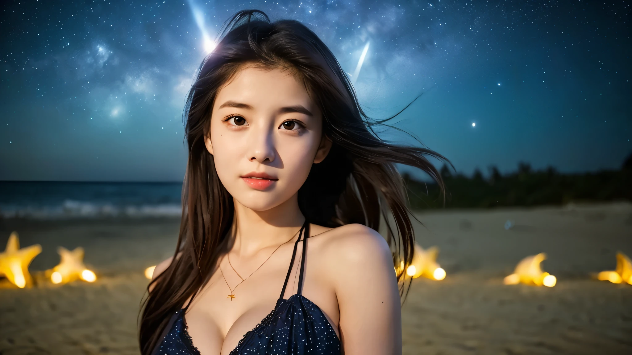 A very cute face like an idol、One 20-year-old woman with a youthful appearance、(Cleavage)、(((Beautiful starry sky on the beach at night)))、((Very dim lighting))、((cinematic lighting))、((Don't expose your face to the light))、((Long-distance shot))、RAW Photos、Genuine、live-action、(Artistic Expression)、High resolution、masterpiece