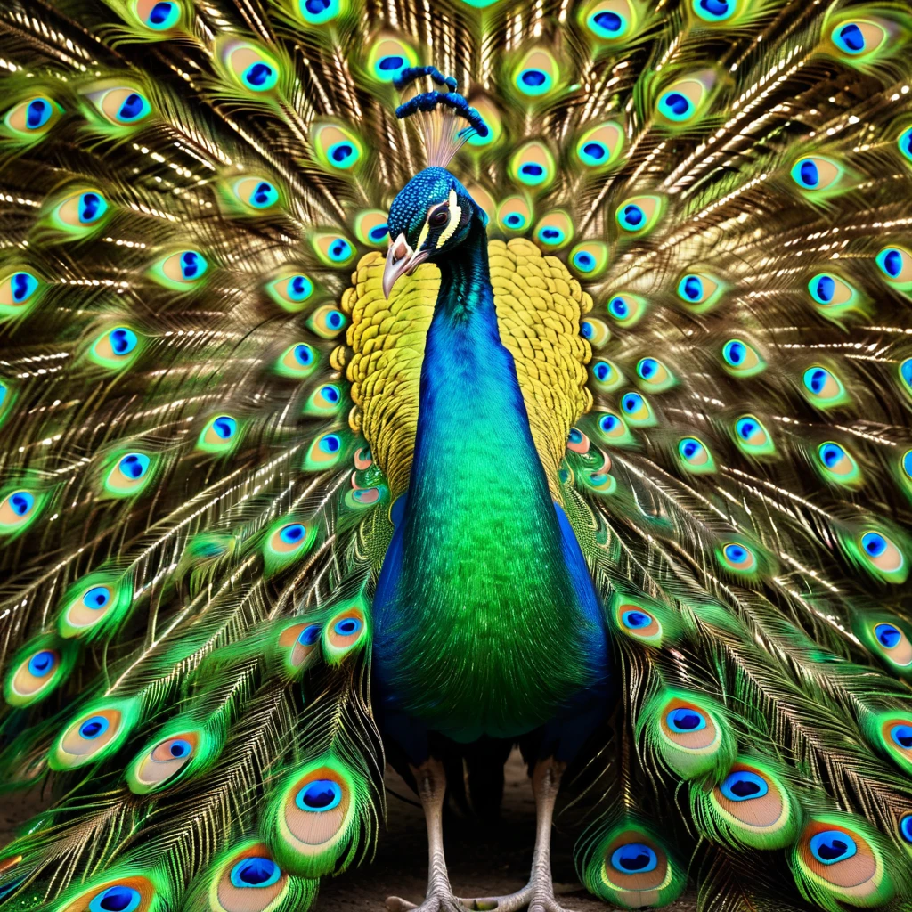 Peacock,Front upright,Peacock开屏,Green feathers,fantasy,Colorful tones,masterpiece,Dramatic ethereal beauty,Panoramic view,Soft lighting,reflected light
