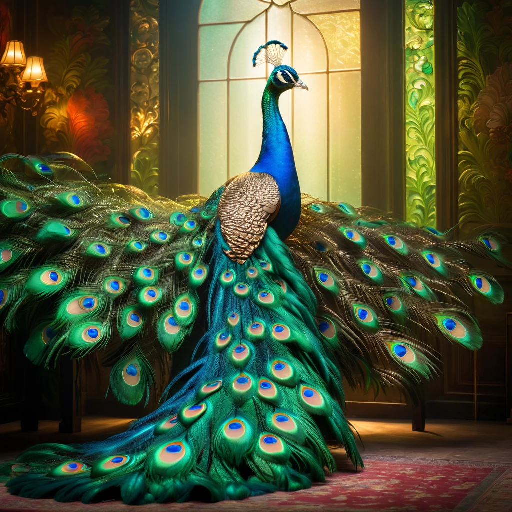 Peacock，Front upright，Peacock开屏，Green feathers，fantasy，Colorful tones，masterpiece，Dramatic ethereal beauty，Panoramic view，Soft lighting，reflected light
