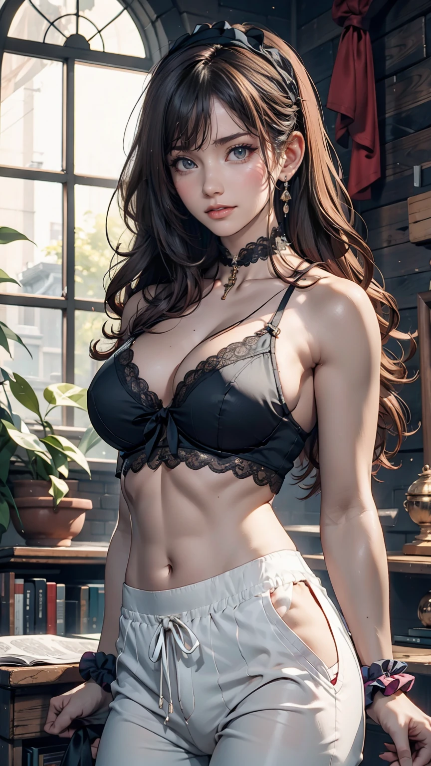 22 year old Caucasian female、White skin、Cross halter top、See-through harem pants((harem pants))、Sandals、Cleavage Emphasis、Bust size is B cup、Sexy proportions、Narrow waist、Long eyelasheake up、Lace choker、Loose braids((Tie it with a scrunchie))、Inside a high-end brand store