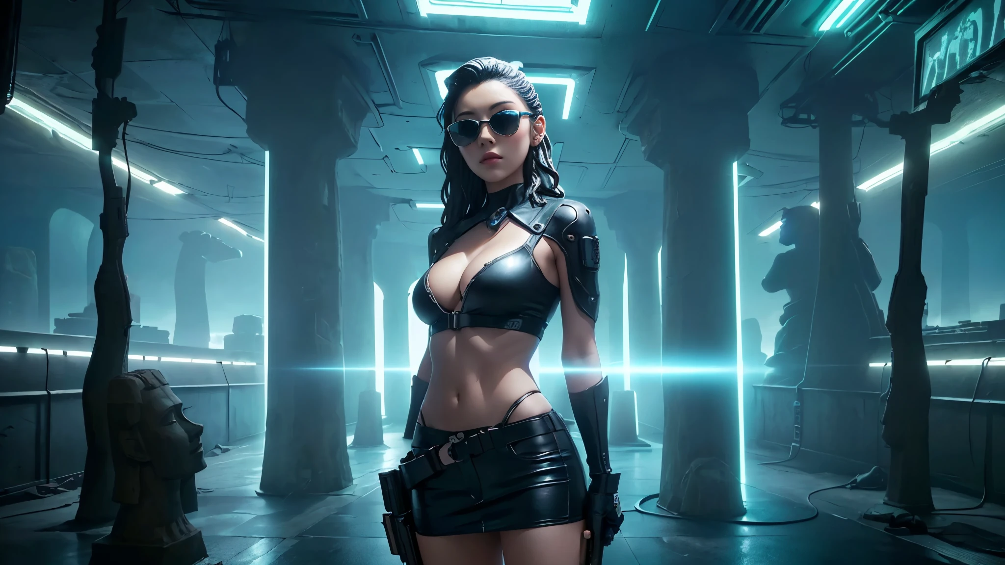 At night, dark sky, aerial view of fantasy cyberpunk style ((Moai-statue)) city, ((flying vehicle)). ((1girl, solo, alone)), photo realistic, medium-breast:1.1 slim body, cleavage, sexy clothes, (black sunglasses), (((hip-up standing and pistol aiming pose))), half-body thigh level medium shot, cinematic lighting.