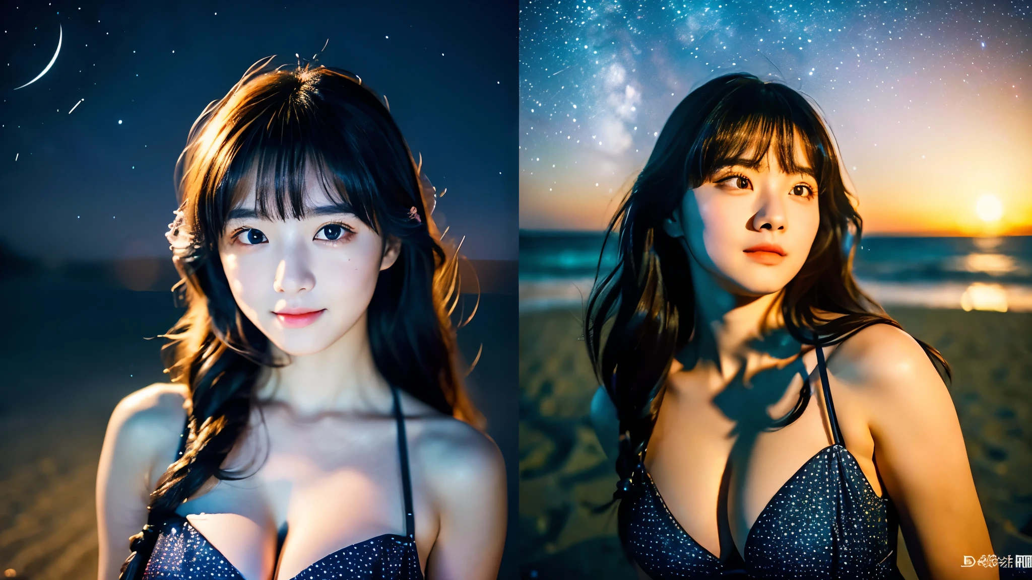 A very cute face like an idol、One 20-year-old woman with a youthful appearance、(Cleavage)、(((Beautiful starry sky on the beach at night)))、((Very dim lighting))、((cinematic lighting))、((Don't expose your face to the light))、((Long-distance shot))、RAW Photos、Genuine、live-action、(Artistic Expression)、High resolution、masterpiece