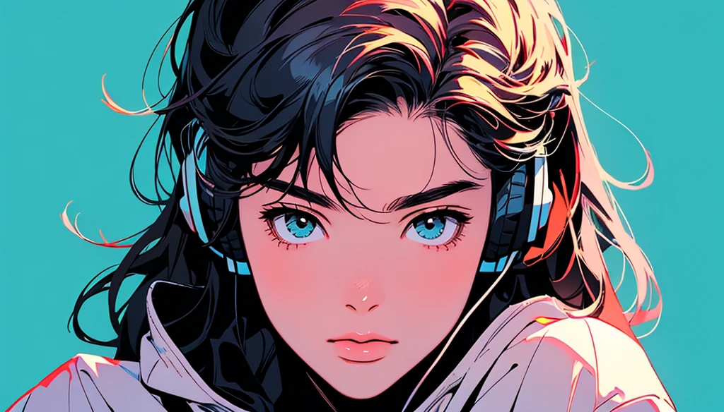 2D illustration, アニメ, Manga style, whole body,ASİAN, Bishamon from noragami, 1 Girl, Big Hair, Shortcuts, {{full name eyes}}, create, High resolution, masterpiece, Highest quality, High detail, High detailed eyes, Grain Filter, Detailed Lips, High resolution, Super detailed, Portraiture, Realistic ratio, Anatomically correct, Beautiful young woman, Erin Moriarty pairing:0.7, joey king:0.5, Sydney Sweeney:0.whole bodyポートレート, Illustrator, アニメ , Realistic ,sketch , 1 Boy, ,Lip, hoodie,Order, Blue gradient background, Neon Hair,Textured Trim, (masterpiece,Highest quality), lofi, Battle DJ girl in HIPHOP fashion wearing DJ headphones