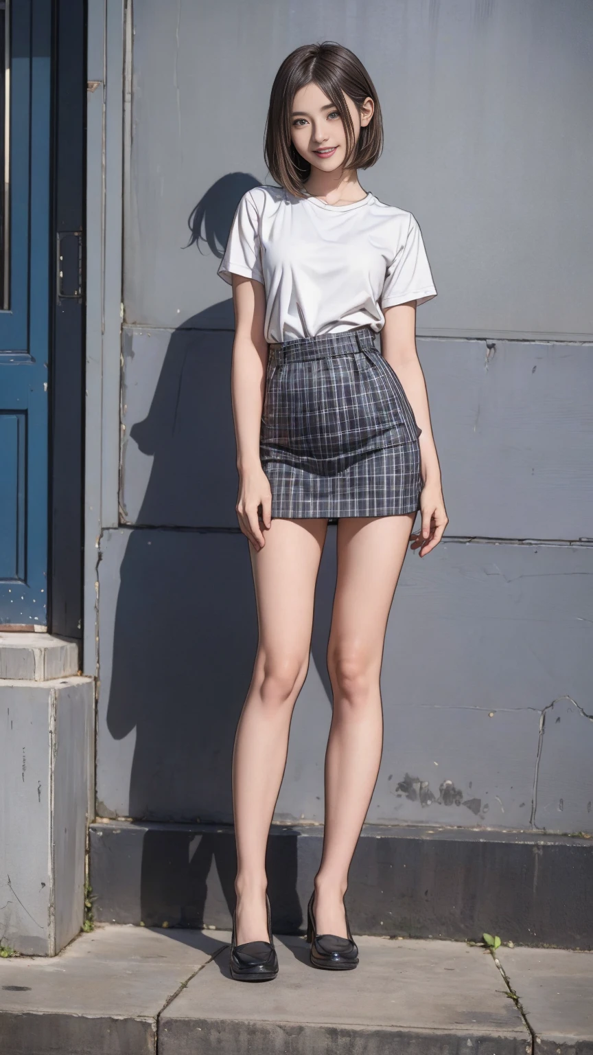 ((masterpiece)),(((Highest quality))),Thin thighs,Long legs,An 18-year-old high school girl standing on the school steps,White shirt,Blue and white plaid mini skirt:1.5,The best smile,Short bob with side waves:1.5，wear black loafers，Stand facing forward with your legs apart:1.5，
