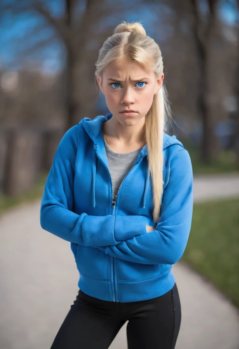 a disney pixar character of a girl in a blue jacket and black pants,  wearing a blue hoodie, blonde hair, blue eyes, ponytail, angry look, braces