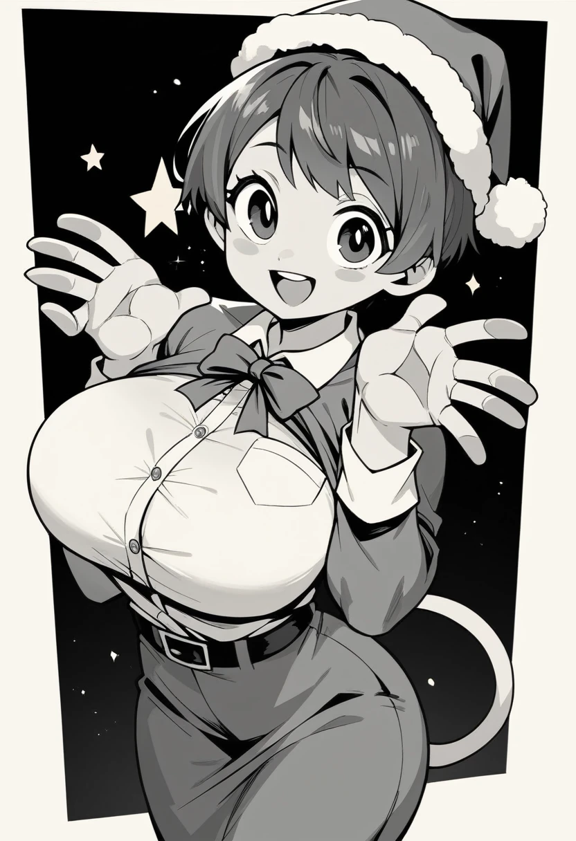 （（（a sticker）））。High quality design vector style image,Happy man wearing Santa Claus hat，Big eyes and short hair，Cute big breasts，clean black background, professional vector, high détail,