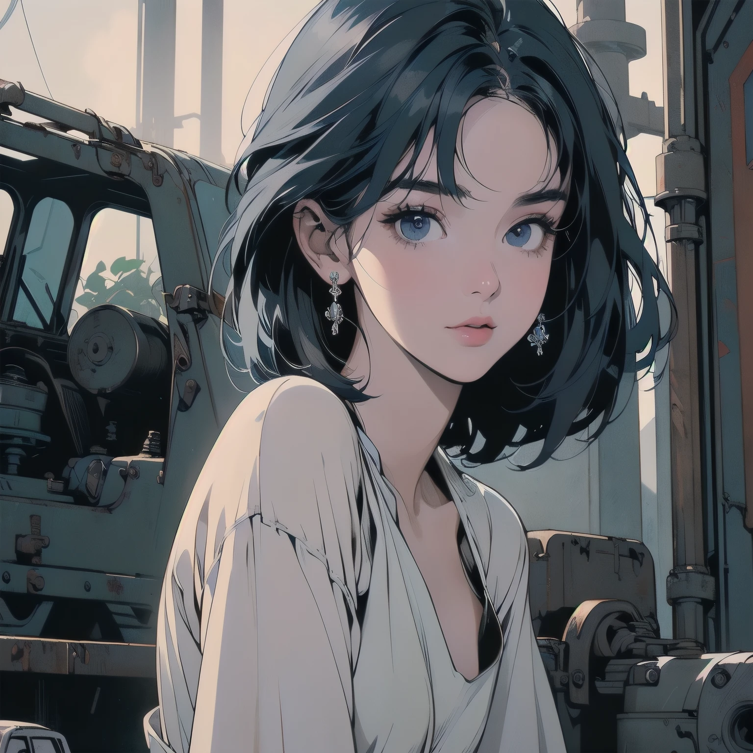 mechanical、Abandoned Factory、Atrium、White Flower Field、(((Rusty heavy equipment)))、(((Perfect Woman)))、Beautiful woman、Woman sitting、mysterious、Pitch Black Night、Blue dark、fog、(((Detailed face)))、Detailed Hair、Flat Chest、White dress、Light blue hair、Short Hair、(((The most beautiful face)))、(((Beauty)))