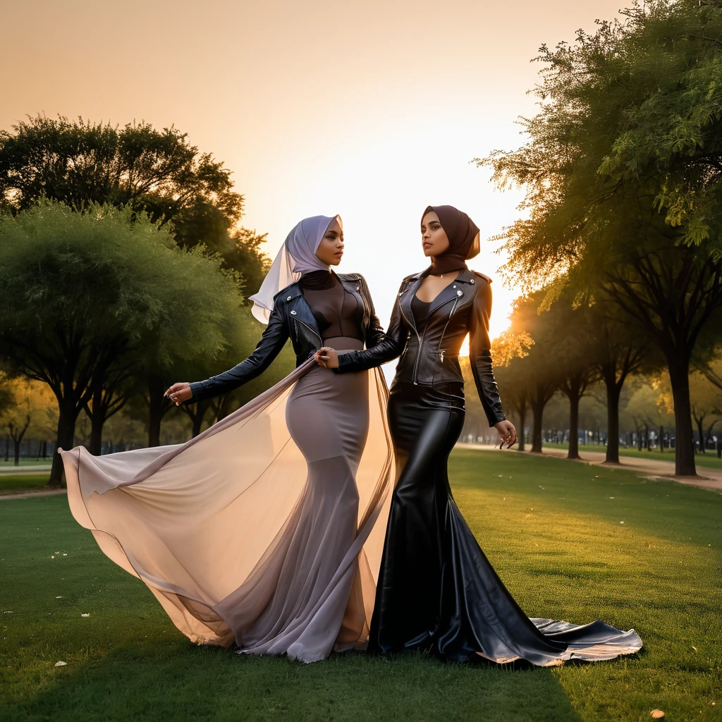 Two woman in long sheer fabric dress,wearing hijab, wear leather jacket, full body,mermaid tight long dress,very long flor length dress, tall women, in park,sunset, sexy face, winds blow her gown, sexy pose, masterpice, hyper realistic, 