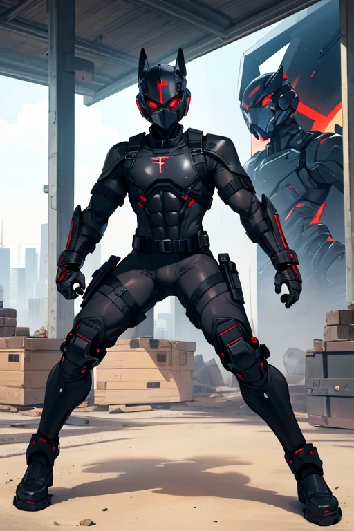 male, red eyes, robot, (((1boyl))), (((black full body tactical bodysuit))), (black gauntlets), (black boots), (black shoulder guards), (black hip guards), (black tactical helmet), (black face mask), (black tactical belt), long legs, muscular