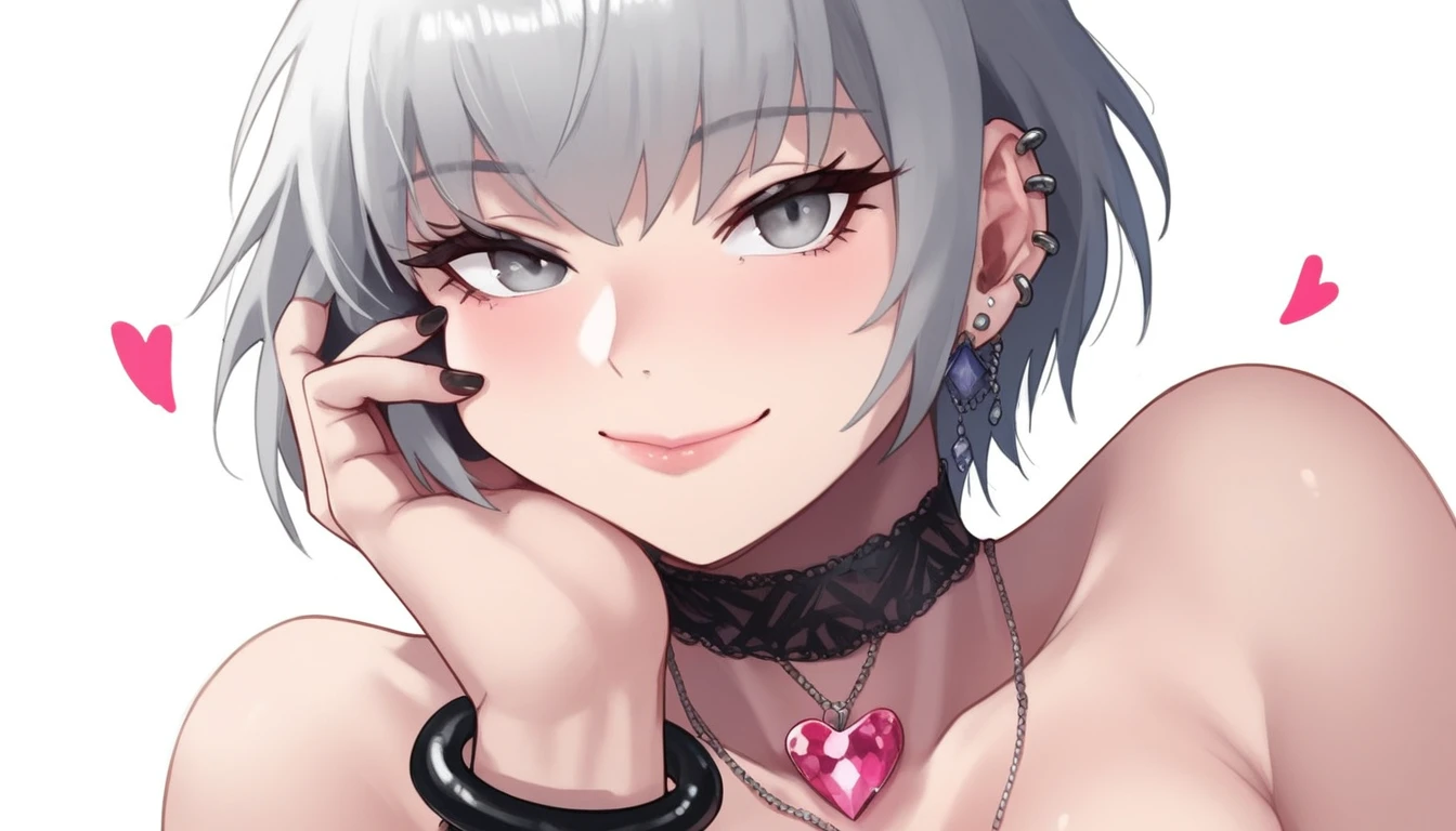 pilyeon, solo, 1girl, black nails, jewelry, short hair, looking at viewer, choker, necklace, hand on own face, piercing, white background, heart, closed mouth, grey eyes, nail polish, simple background, grey hair, ear piercing, black choker, smile, eyelashes, lips, hand on own cheek, bangs, bracelet, beads, gem, earrings, fingernails