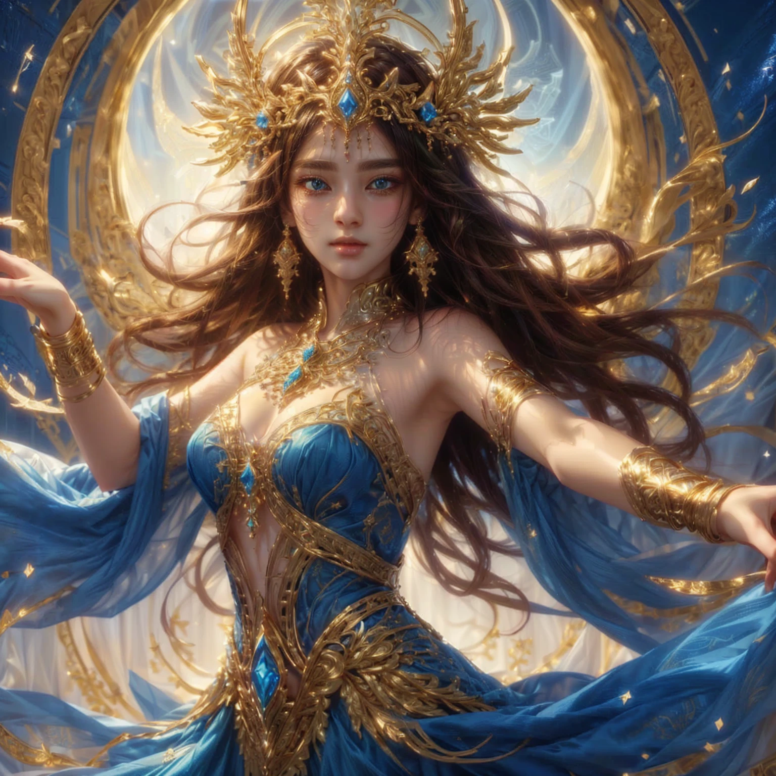 Beautiful woman, white dress, ornate gold jewelry. ,  god god , very beautiful,realistic anime