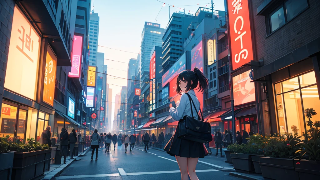An anime girl walking confidently through a bustling city street at sunrise, holding a guitar case in one hand. She is wearing a casual yet stylish outfit, with a joyful and determined expression on her face. Her hair flows gently in the morning breeze as she moves through the cityscape. The background features tall buildings, neon signs, and the vibrant energy of the city coming to life. The streets are filled with the first light of dawn, casting a warm, golden hue over everything, symbolizing new beginnings and endless possibilities. The girl is surrounded by the hustle and bustle of city life, yet she stands out with her unique presence and passion. The atmosphere is filled with a sense of excitement, adventure, and the thrill of chasing dreams, with dynamic lighting highlighting her journey. The overall mood is one of resilience, freedom, and the unstoppable pursuit of dreams in an urban environment.