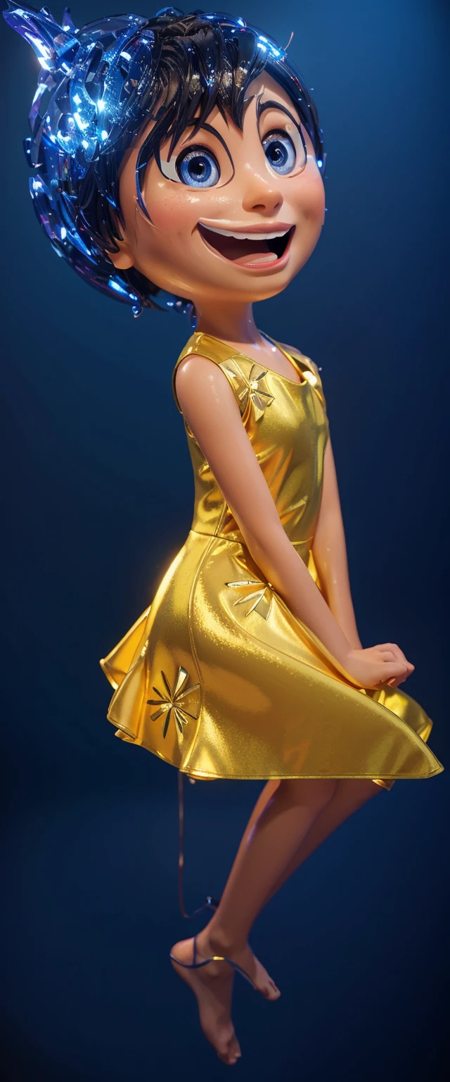 The image features a 3D animated female character standing against a blue background. She is wearing a yellow dress with a blue pattern on it, smooth 3d model, glossy plastic texture, multiple light sources, rim light, sharp post effects render, most beautiful vfx, , realistic, 4k, high resolution, rim light, smooth 3d model. , glossy texture, smooth 3d model, multiple light sources, rim light, sharp post effects render, (glossy plastic texture with multiple big light probe refractions), perfect cgi, reflective, best quality, 4k, masterpiece:1.2, ultra-detailed, realistic, vivid colors, The image of the highest quality, ensuring every detail showcased perfectly. It in 4k resolution, allowing viewers to immerse themselves in the richness of the colors and intricate details. The realistic rendering. under the spotlight, reflecting, high-resolution image, realistic rendering