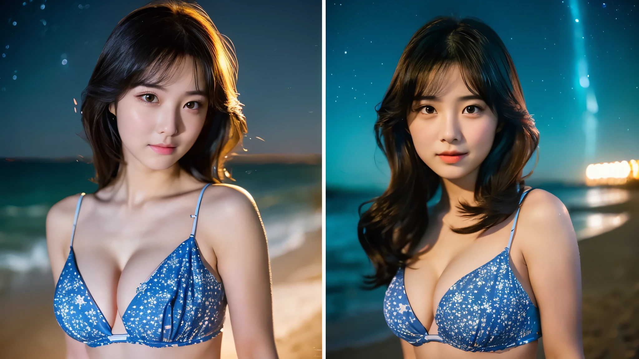 A very cute face like an idol、One 20-year-old woman with a youthful appearance、(Cleavage)、(((Beautiful starry sky on the beach at night)))、((cinematic lighting))、((Don&#39;t expose your face to the light))、((Long-distance shot))、RAW Photos、Genuine、live-action、((live-actionと見分けがつかないクオリティ))、(Artistic Expression)、High resolution、masterpiece