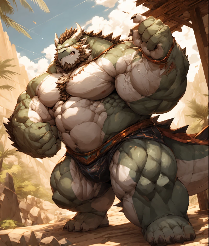 

A white dragon orc，Strong build，Muscular，Like a born strong man。His skin looks healthy and fair.，Muscle and fat intertwined，Create unique skin texture，Complete and powerful。

His arms are as strong as iron pillars，chiseled muscles，Seems to contain infinite power。Broad palms，Sharp fingers and claws，Showing his wildness and strength。

His chest is very broad.，Muscle bulge，As if it could withstand any impact。Good abdominal muscle lines，The waist is full of strength，Like an indestructible mountain。

His legs are Muscular，Seems to be able to overcome any obstacle。Calf muscle lines are smooth，Full of power，Appears strong and agile dragon&#39;The tail on the back is thick and powerful，The scales at the tip of the tail gleam with a cold light，Showing his majesty and mystery。

The whole picture is dominated by cold colors.，Emphasize the power and majesty of the White Dragon Orcs。In the treatment of light and shadow，Let the soft sunshine shine on him，Make his muscles more three-dimensional and vivid。at the same time，Pay attention to his facial expressions and eyes，He showed his perseverance and courage，Like an invincible strong man。