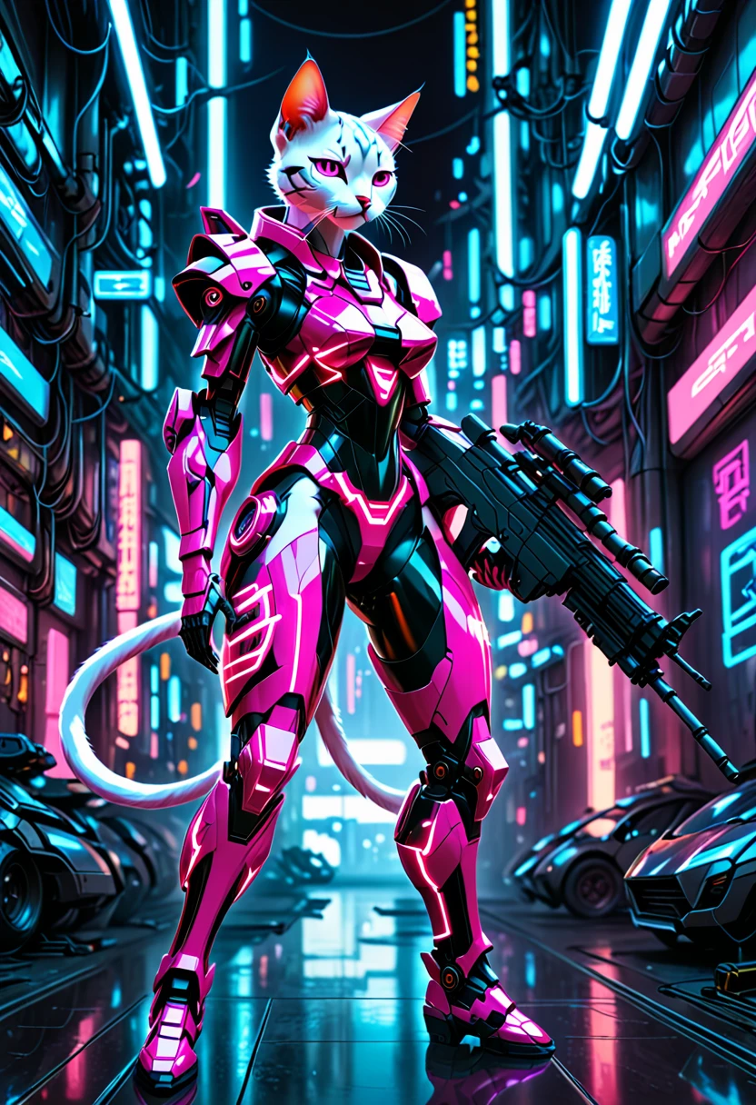 ((Masterpiece)), (Best Quality), (Cinematic),(highly accurate drawing in every detail)(extremely precise representation)full_body_portrait,space age retro future vibe, a stunning shorthaired oriental cat in dressed in cool spacy synthetic magenta and neon-pink mecha armor with several glowing markings and nozzles,hoes and mechanic parts shooting a futuristic rifle in front of flat futuristic art background.