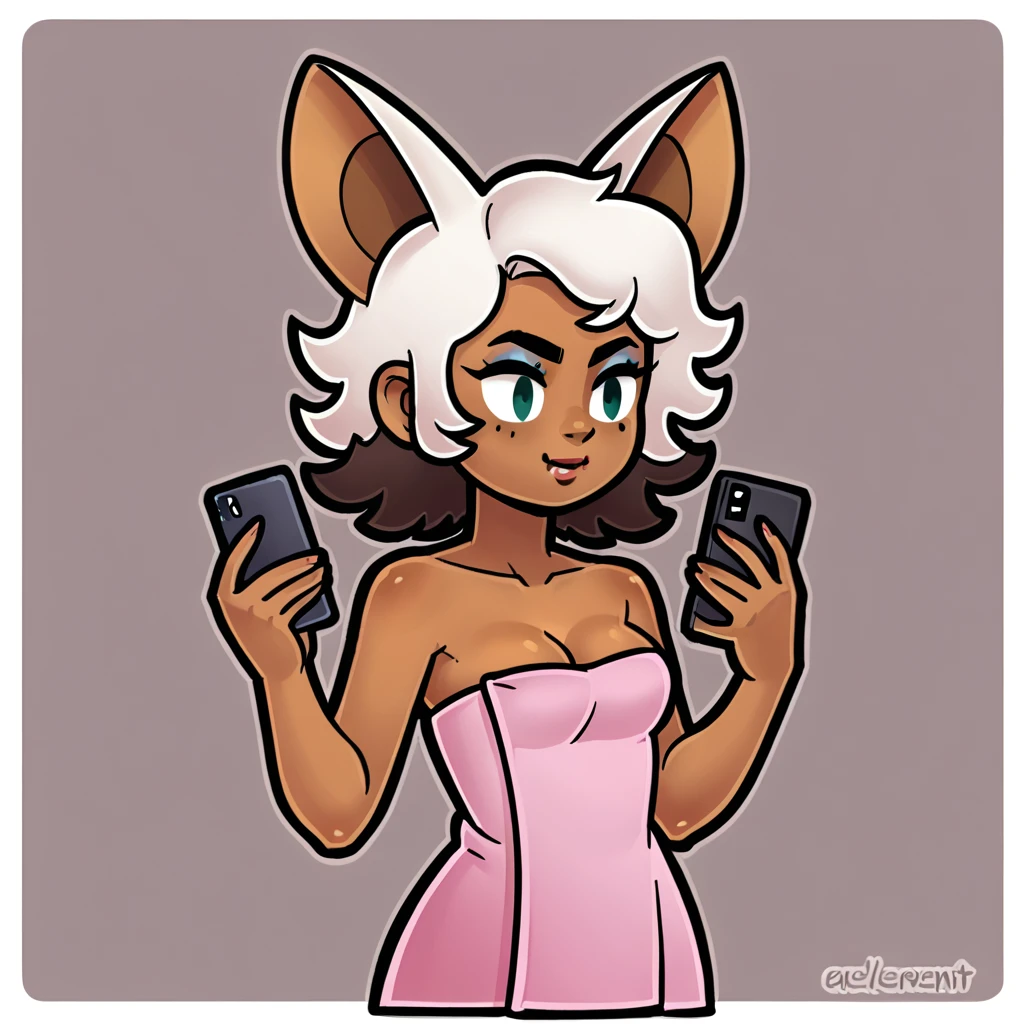 (score_9, score_8_up), mobian, melanin skin, melanin, brown skin, rouge the bat, sexy, curly, natural, kinky hair, wrapped in towel, holding phone, small breasts, cleavage, bedroom background