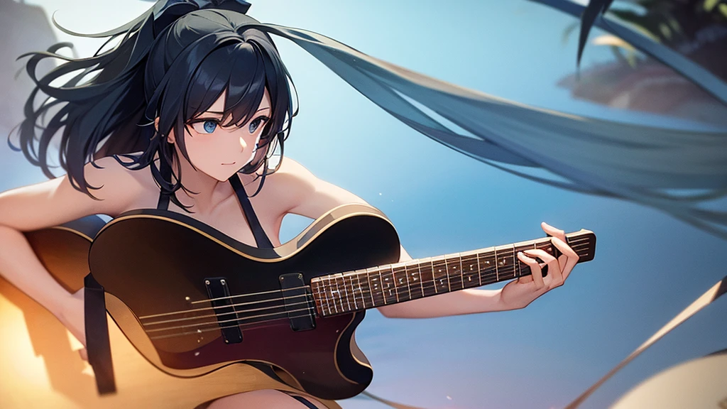 Anime Style,Swimwear,Detailed background,Magical World,A lively balcony with many people,A beautiful elf bard with black hair and a smile,guitar,Big cleavage,Healthy thighs,Underarm,Barefoot
