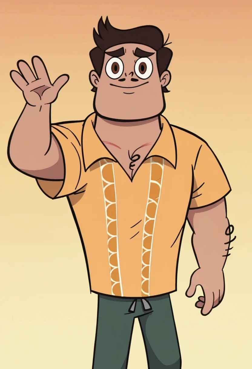 score_9, score_8_up, score_7_up, score_6_up, score_5_up, 1boy, rafael diaz, yellow shirt, pants, svtfoe style, closed mouth, waving, looking at viewer, brown eyes,
orange background,