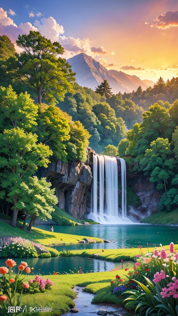 Landscape masterpiece, stunning nature, Magnificent sunset in the style of wlop and alena aeinami, Ultra-fine numbers, Waterfall sparkling lake, Colorful flowers，carefully drawn.