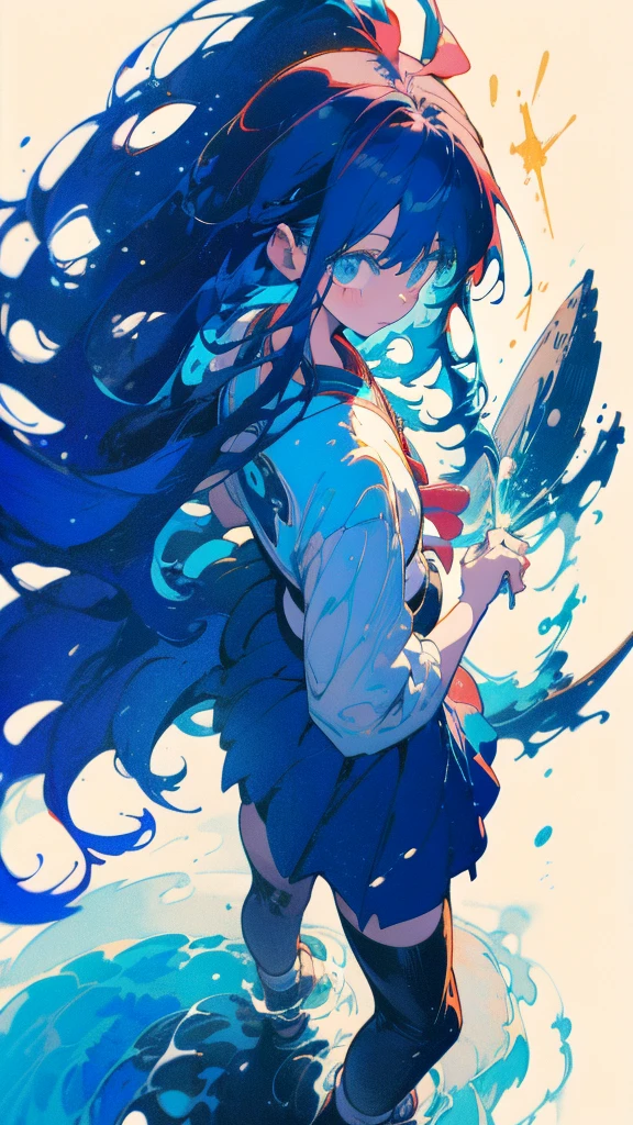 Blue-haired long hair,Design clothing,Seven-doppelganger shot,Anime style 4K,Anime girl with teal hair,High quality anime art style,Standing painting,Splash ink background,Blue Themes、Pure white background,Buildings,Face close-up,Buildings,Moon and sun、Long legs, whale flying in the sky