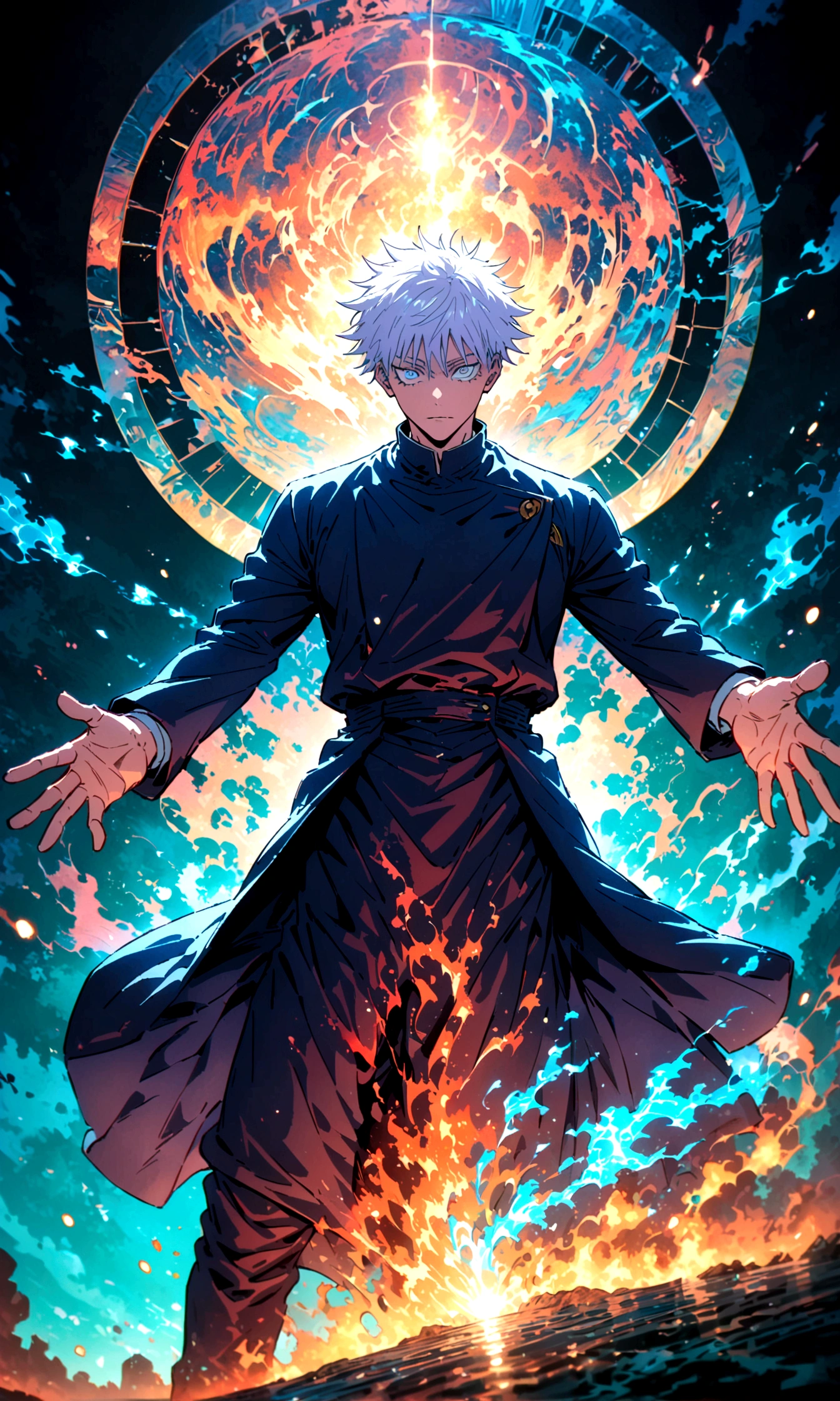 1 man,gojo satoru,jujutsu kaisen,gojo satoru uniform,Intricate details,Use blue and white as main colors,Calm demeanor,Cool efficiency,artwork,rendering,Composed Pose,(masterpiece:1.3),(highest quality:1.4),(ultra detailed:1.5),High resolution,extremely detailed,unity 8k wallpaper,Ethereal energy,Subtle brush strokes,Glacial aura,Professional demeanor,Serene expression
