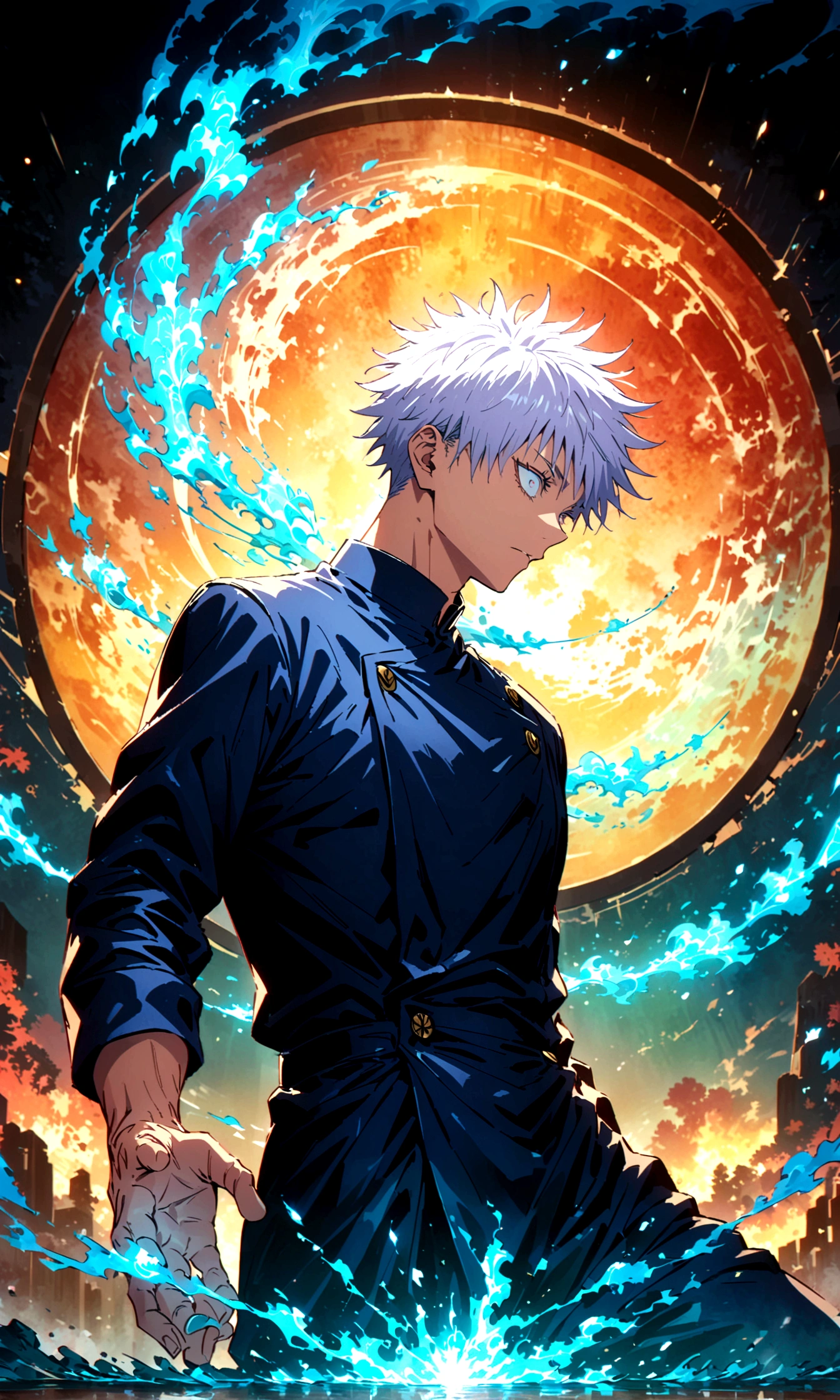 1 man,gojo satoru,jujutsu kaisen,gojo satoru uniform,Intricate details,Use blue and white as main colors,Calm demeanor,Cool efficiency,artwork,rendering,Composed Pose,(masterpiece:1.3),(highest quality:1.4),(ultra detailed:1.5),High resolution,extremely detailed,unity 8k wallpaper,Ethereal energy,Subtle brush strokes,Glacial aura,Professional demeanor,Serene expression
