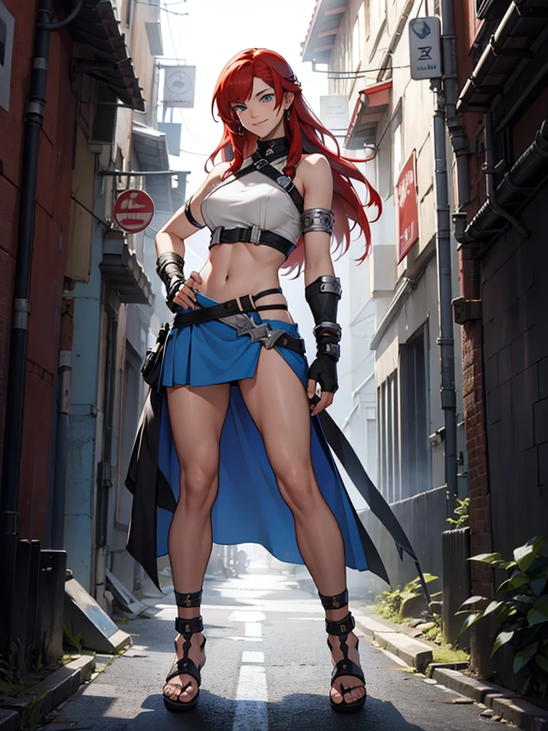 1 girl,  adult, red hair, long red hair, straight red hair, blue eyes, side bangs, silver armlet, blue tribal skirt, blue and silver-lining halter top, silver sandals, smiling, three-quarter pose, fingerless brown gloves, determined look, full body character, full body shot, hyperdetailed, full body render, 8k resolution, high res, sharp, masterpiece