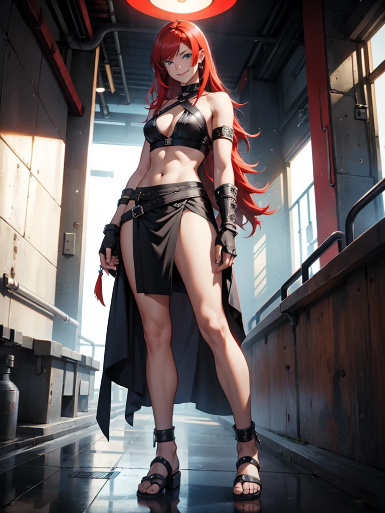 1 girl, adult, red hair, long red hair, straight red hair, blue eyes, side bangs, silver armlet, blue tribal skirt, blue and silver-lining halter top, silver sandals, smiling, three-quarter pose, fingerless brown gloves, determined look, full body character, full body shot, hyperdetailed, full body render, 8k resolution, high res, sharp, masterpiece