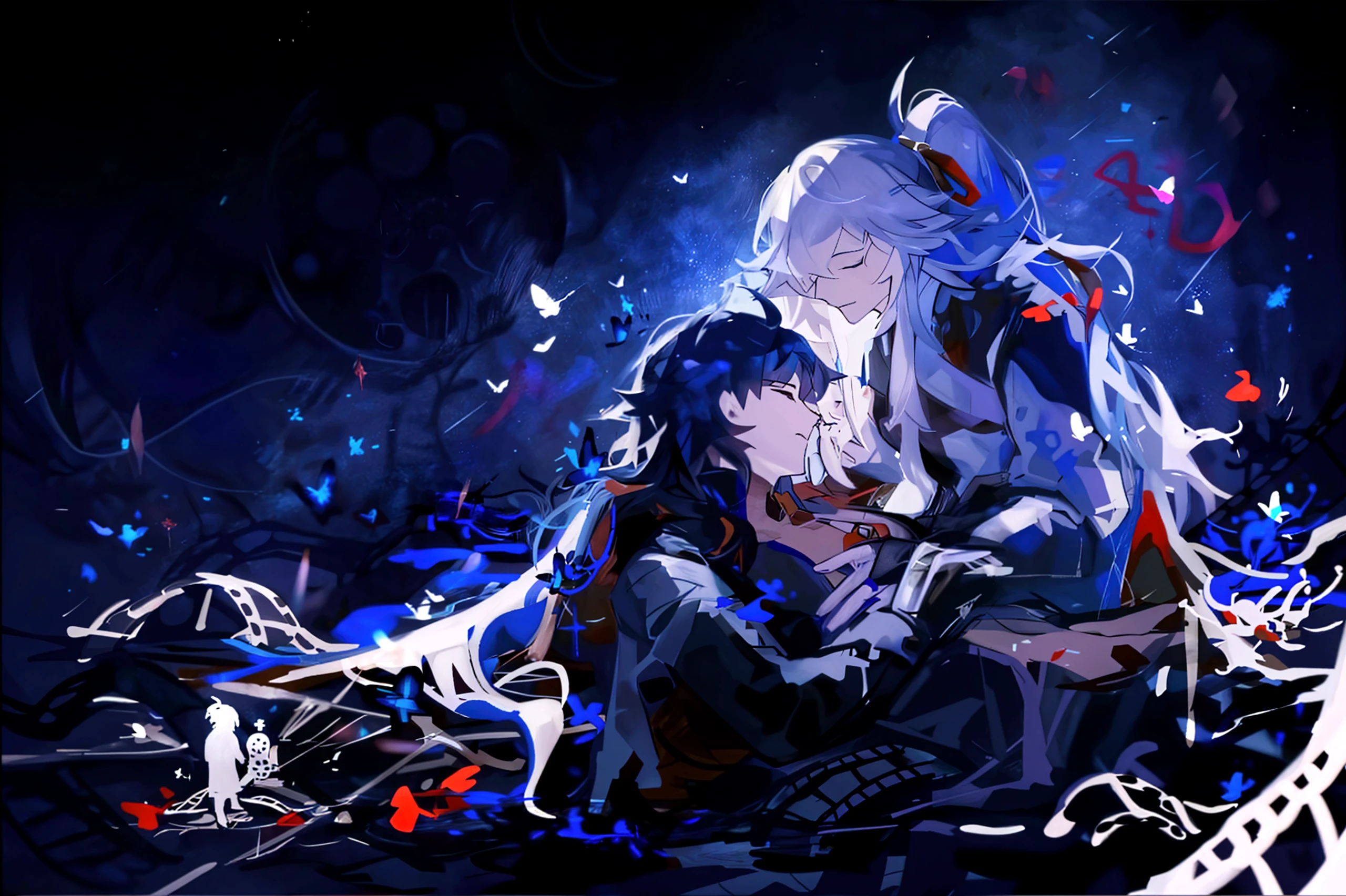 tied up naked Rei Ayanami from Neon Genesis Evangelion kissing shinji ikari, blue lagoon, night, moon
