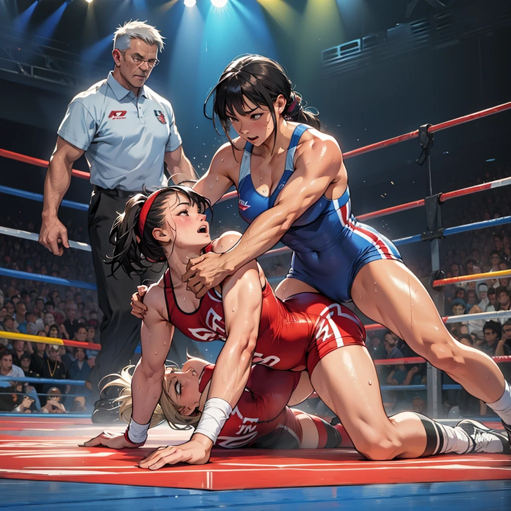 Womens wrestling , sweaty bodies, European face