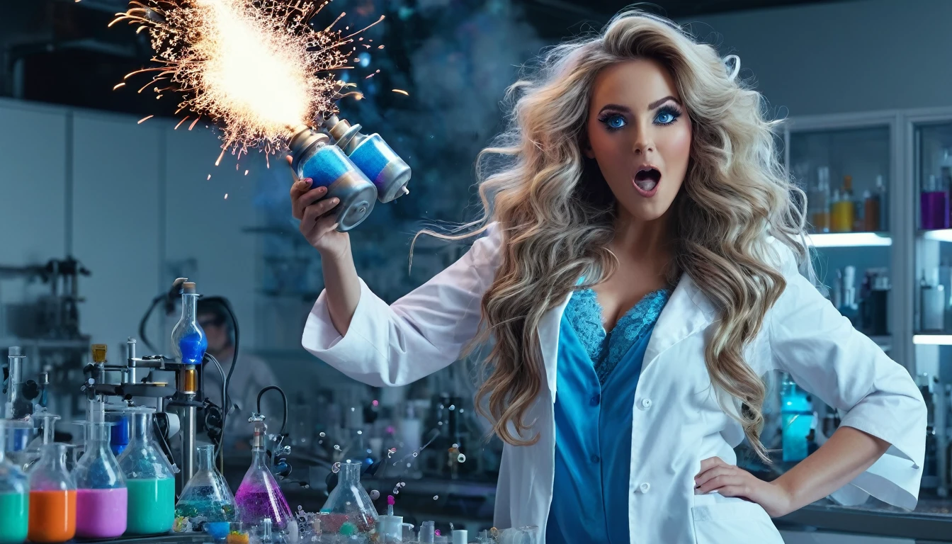 A beautiful, sexy woman with an hourglass figure, enormous , long voluminous hair, bright blue eyes, excited and having fun in a lab mixing chemicals causing sparks and miniature explosions mad scientist style, wearing a revealing lab coat, lace panties and bra, hyper realistic, 8k, vibrant colors, sharp crisp image