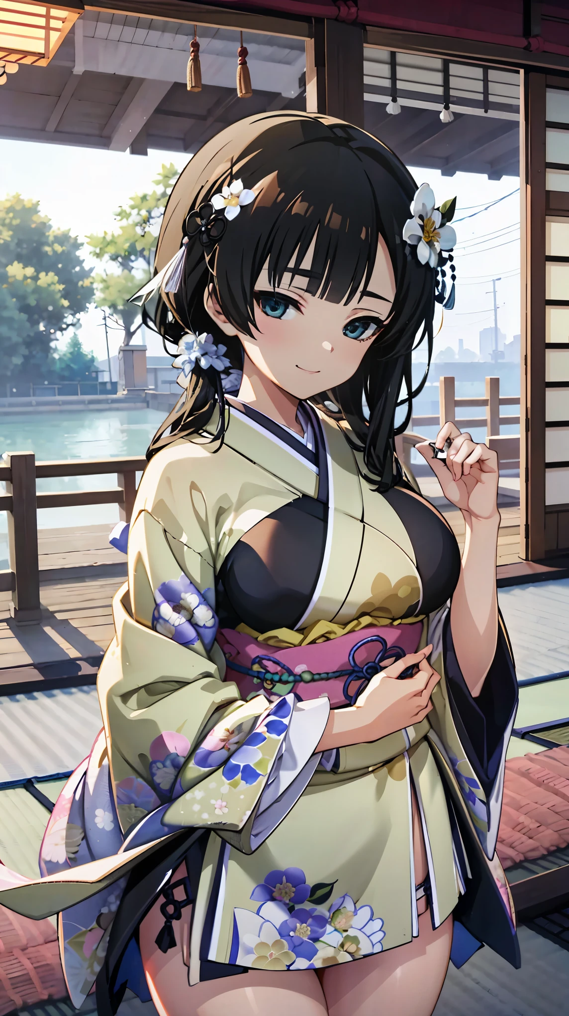 masterpiece, best quality, absurdres , perfect anatomy ,wang yujia, Black hair , smiling , (((busty))), 1girl, sensual body, Her cheeks flushed, Gravure photography , sexy model, kimono, front open dress, Oriental town , japanese town