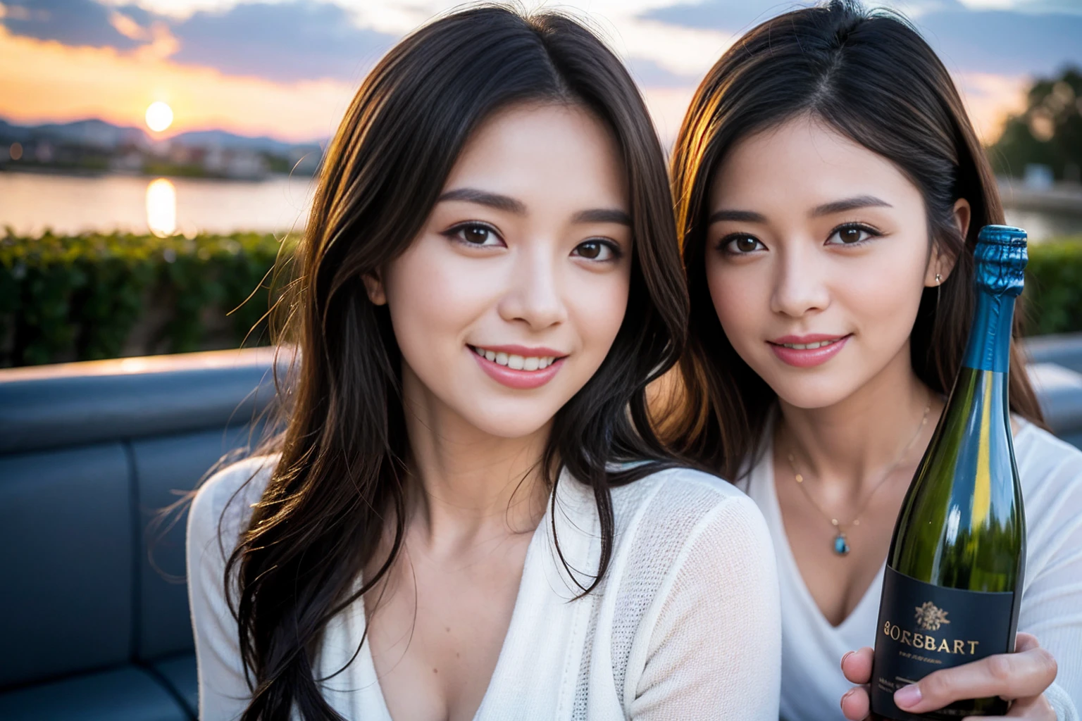 ((Highest quality、8K、masterpiece:1.3))、cute、Slim Couple、Model Couple、The best smile、Happy Smile、45 years old 39 years old、Shortcuts、Upper Body、(Realistic, Intricate details:1.2), Beautiful Model、Beautiful actress, (Brown Hair), (White skin),full-course dinner、Wine Party、Amazing view of the sunset sky and clouds、Sweet eye angle, Ultra HD 8K, Ultra-realistic, photograph, Cinematic, photograph, Wide-angle, Detailed Visuals, 3D Rendering, Soft texture, Realistic, Close up zoom in, (Front view), ((View your viewers)), Perfect corner angle, Thin lips, Natural Beauty, (soft and super White skin), Perfect Skin, (masterpiece), (Beautiful attention to detail), (Makes your face smaller), No makeup, Skinny Wine Bottle、Champagne、sparkling wine、Two beauties、Brown Hair、Shortcuts、Long sleeve shirt、dress、
