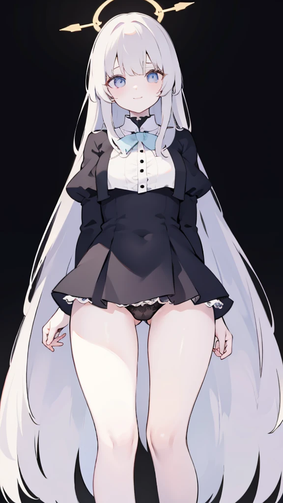 masterpiece, 8K, Super detailed, best quality, (1 girl, alone, 158cm), (Pure black long hair, Straight Hair, Air bangs), (innocent, Big blue eyes like diamonds), (Medium large, fair skin), (Wearing a simple white shirt, Black panties, Expose arms and thighs), (Has black leather collar), (The expression looks shy, but with a smile, shy, Pleasure), (light black background, whole body, Facing the audience, Stand Up Straight, symmetry)