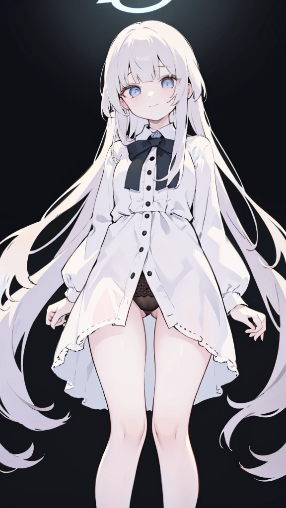 masterpiece, 8K, Super detailed, best quality, (1 girl, alone, 158cm), (Pure black long hair, Straight Hair, Air bangs), (innocent, Big blue eyes like diamonds), (Medium large, fair skin), (Wearing a simple white shirt, Black , Expose arms and thighs), (Has black leather collar), (The expression looks shy, but with a smile, shy, Pleasure), (light black background, whole body, Facing the audience, Stand Up Straight, symmetry)