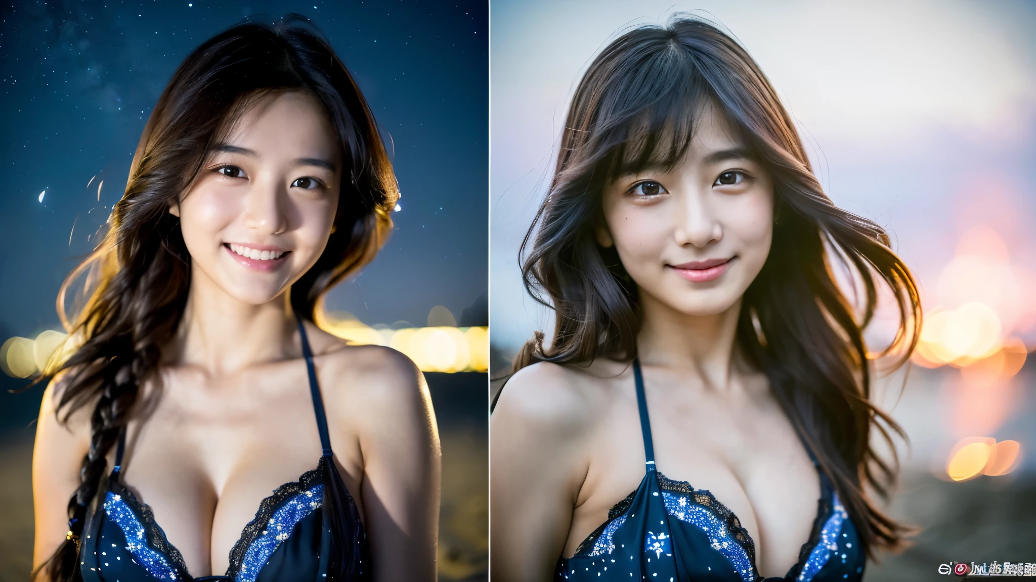 A 20-year-old woman with a very cute face like an idol、Smile a little,(Cleavage)、(((Beautiful starry sky on the beach at night)))、((cinematic lighting))、(((The lighting is dim, with only starlight.)))、((Long-distance shot))、RAW Photos、Genuine、live-action、((live-actionと見分けがつかないクオリティ))、(Artistic Expression)、High resolution、masterpiece