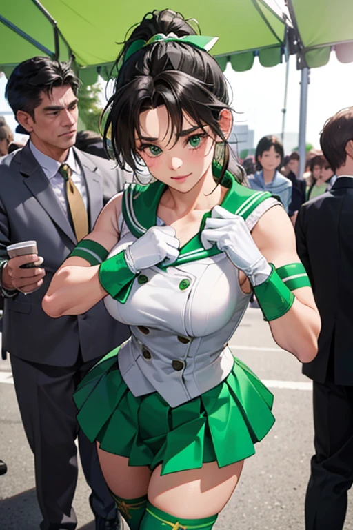 A muscular mature woman with black hair and a ponytail dressed as Sailor Jupiter wearing green boots and white gloves at the Comiket venue with a shy expression