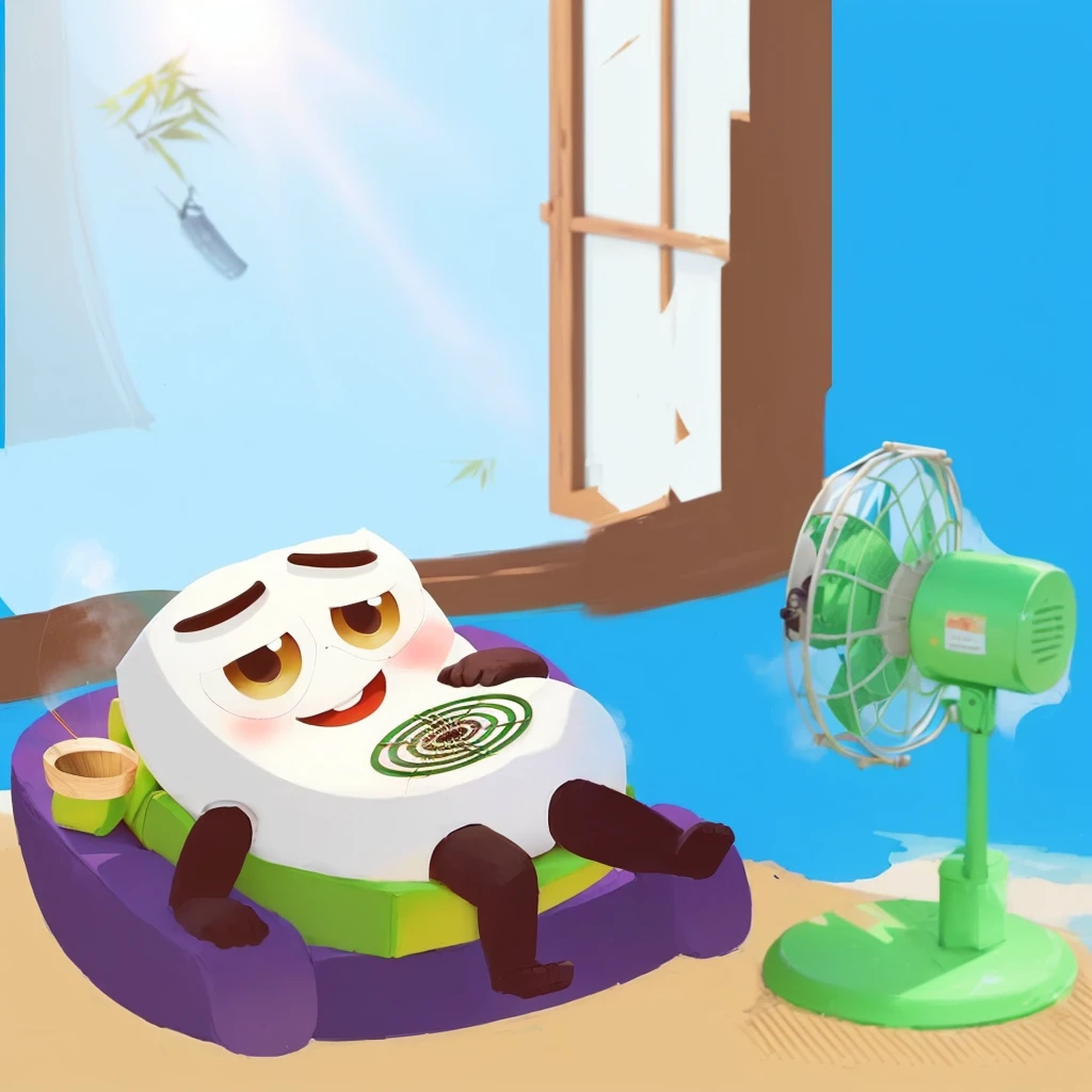 There is a cartoon character lying on a bamboo chair,The fan is blowing,Holding a fan in hand, A scorching hot day, Hot summer day, it's clear, candy hospital room, afternoon hangout, cooling, Stylized digital illustration, Sunny time, Sunny afternoon, Dusty air, A Flying Toaster in Heaven, Morning mood, heating, summer morning, Hot weather, Hot summer, Severe heat
