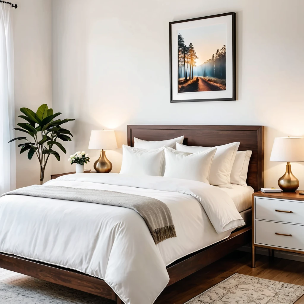 there is a bed with a white comforter, white walls iron bark, radiant morning light, a picture on a nightstand