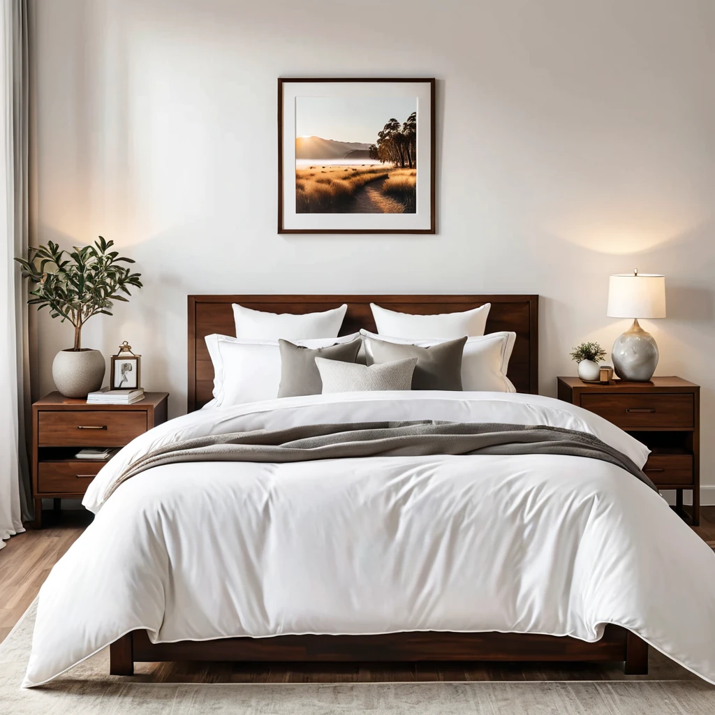 there is a bed with a white comforter, white walls iron bark, radiant morning light, a picture on a nightstand
